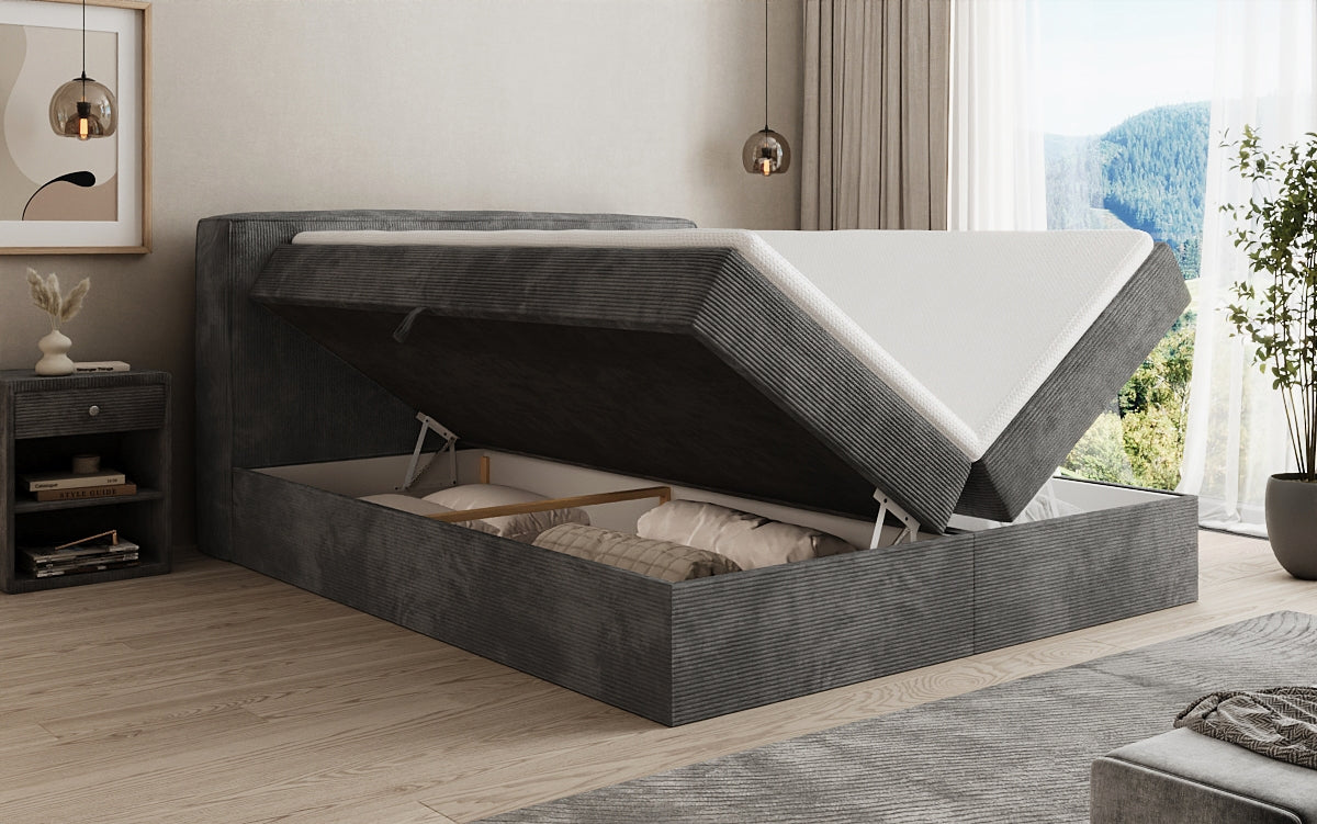 Boxspringbed Marea in Ribstof met opbergruimte