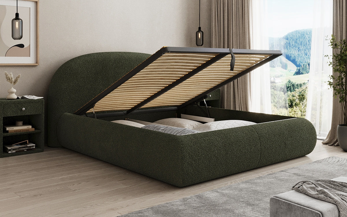 Designer gestoffeerd bed Loop in Teddystof Bouclé met opbergruimte