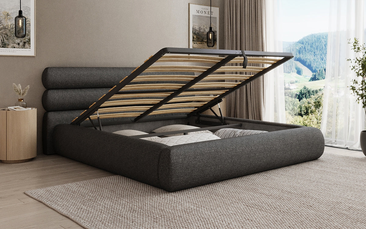 Designer gestoffeerd bed Joline in structuurstof met opbergruimte