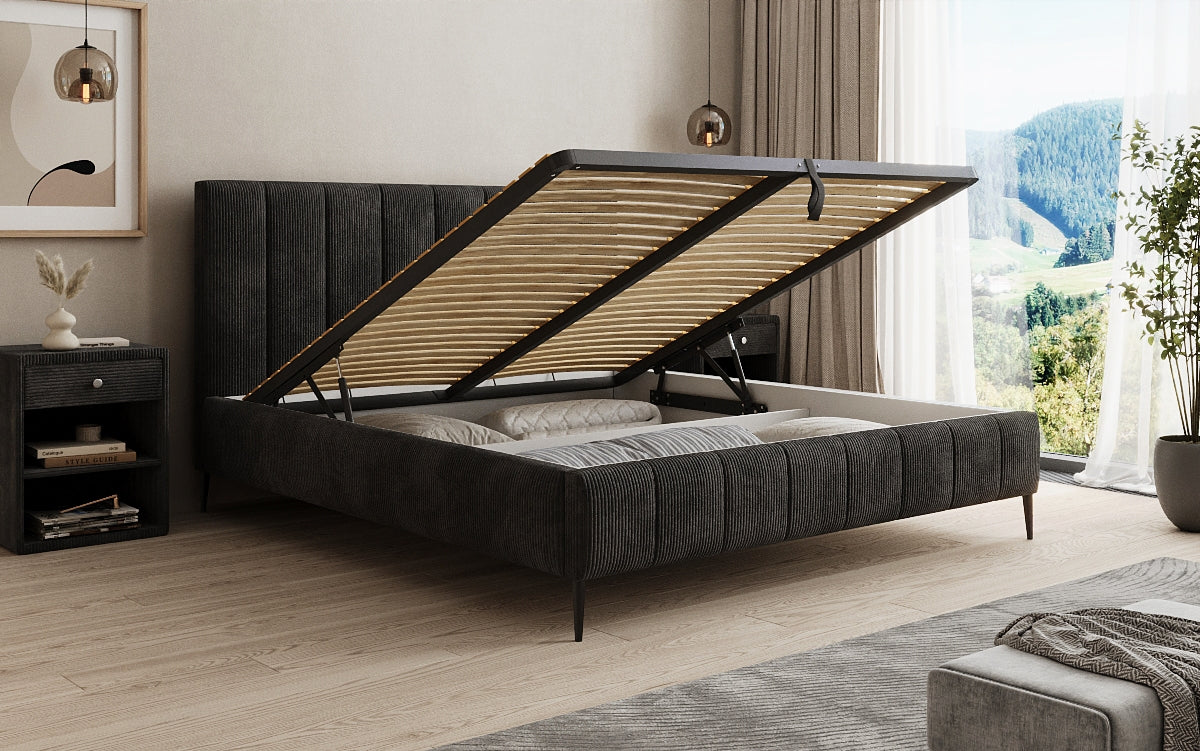 Designer gestoffeerd bed Astrid in Ribstof met opbergruimte