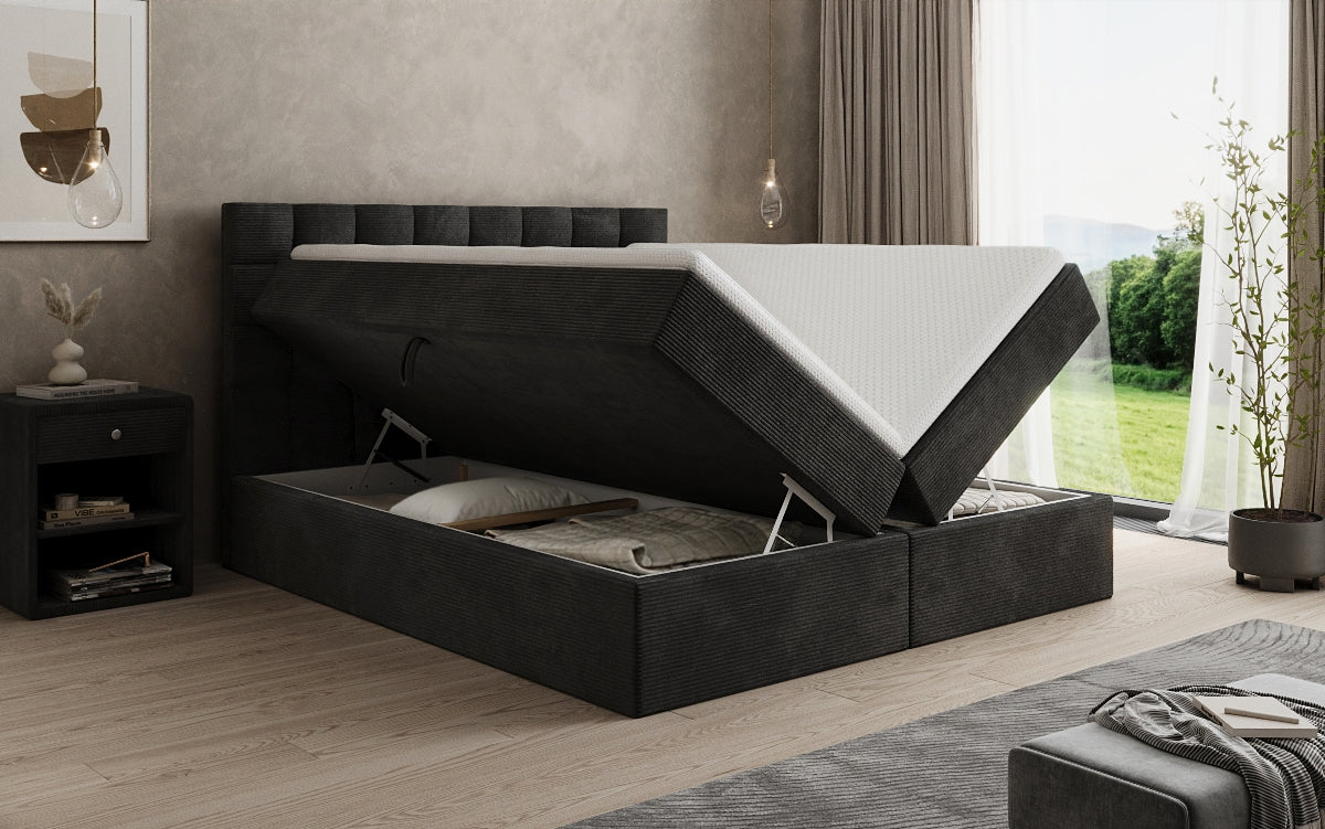 Boxspringbed Como in Ribstof met opbergruimte