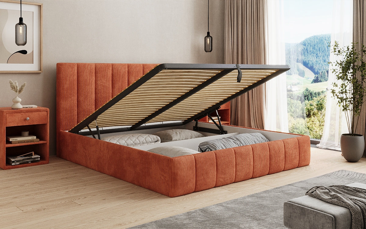 Designer gestoffeerd bed Mila in Ribstof met opbergruimte