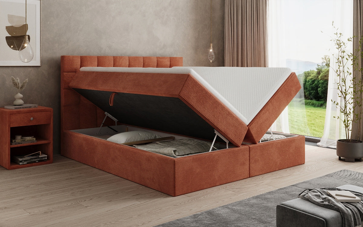 Boxspringbed Como in Ribstof met opbergruimte
