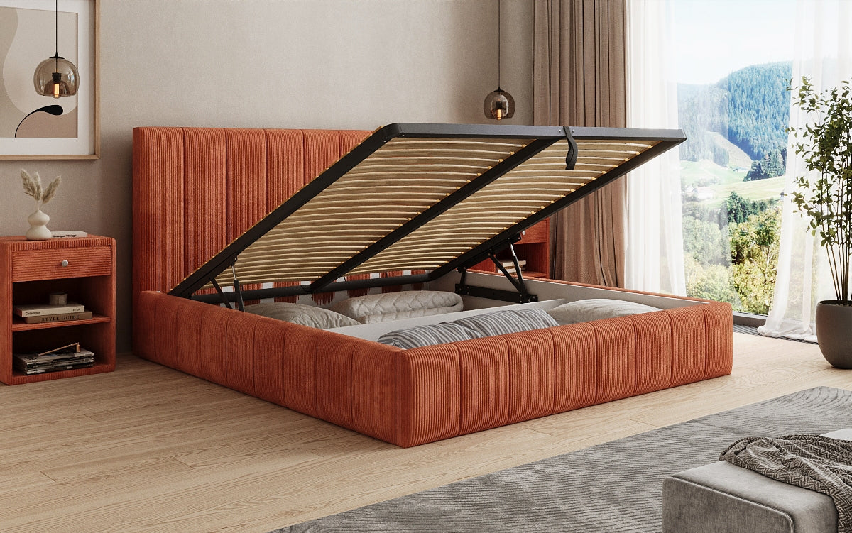 Designer gestoffeerd bed Maja in Ribstof met opbergruimte