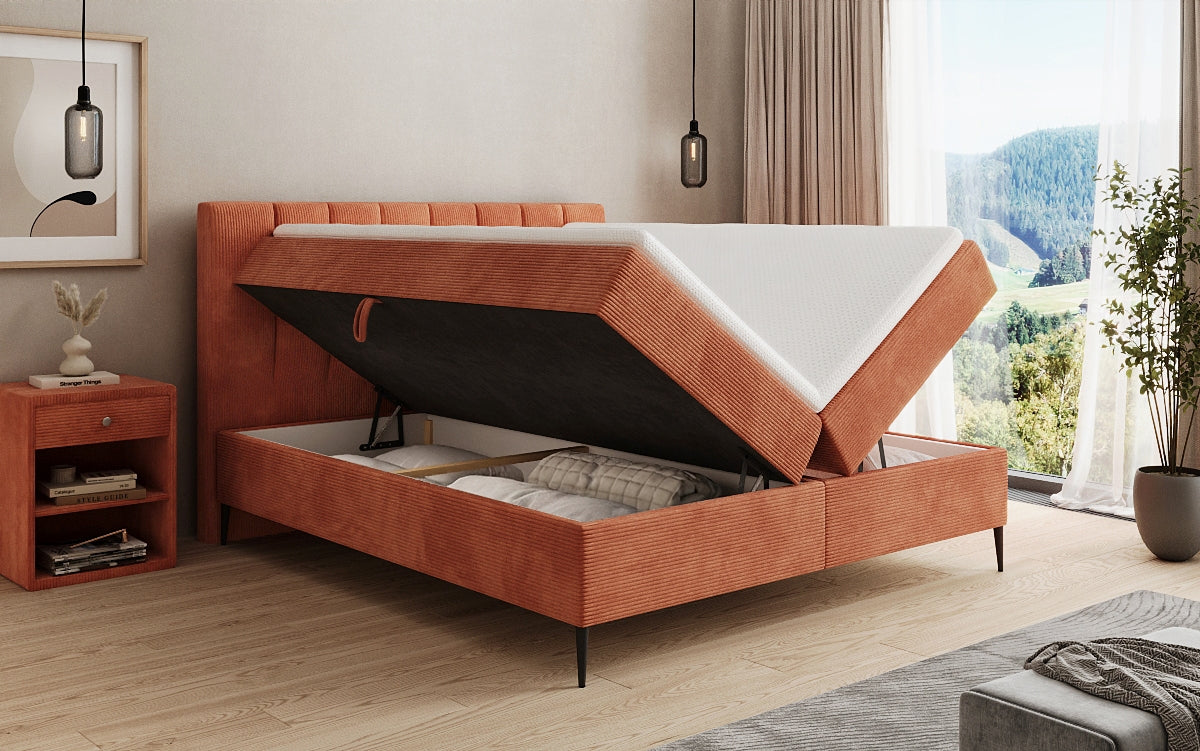 Boxspringbed Lucca in Ribstof met opbergruimte en poten