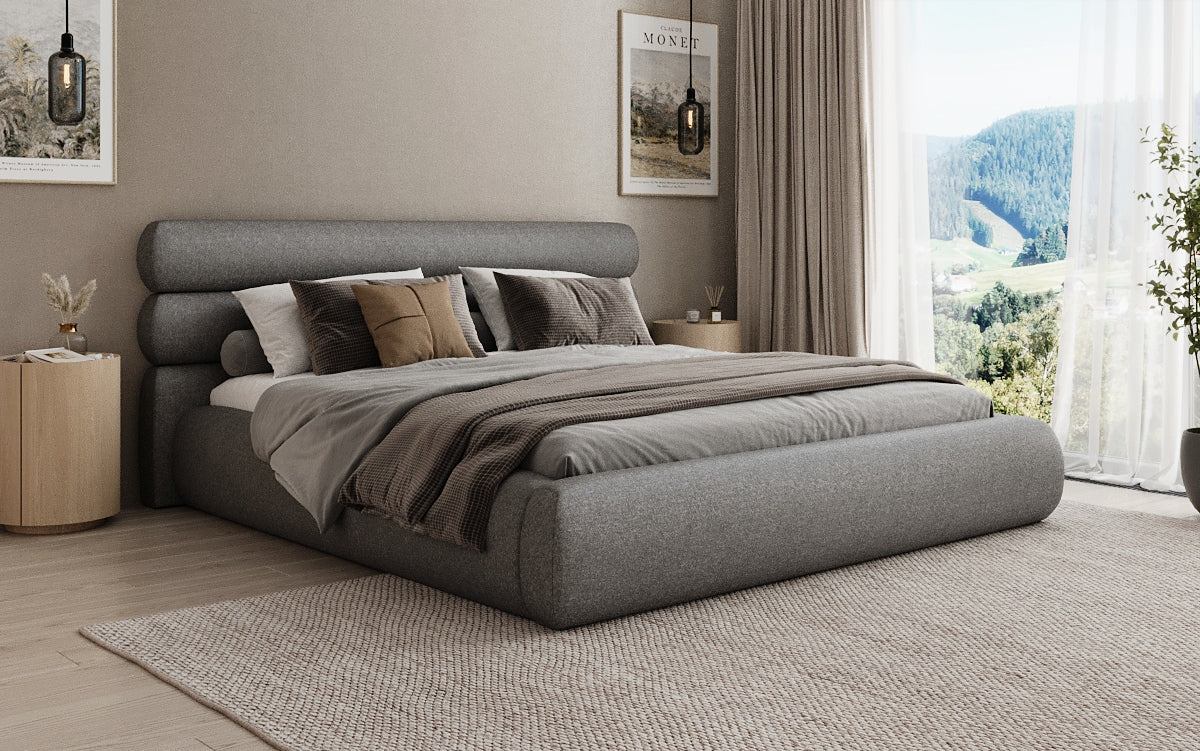 Designer gestoffeerd bed Joline in structuurstof met opbergruimte