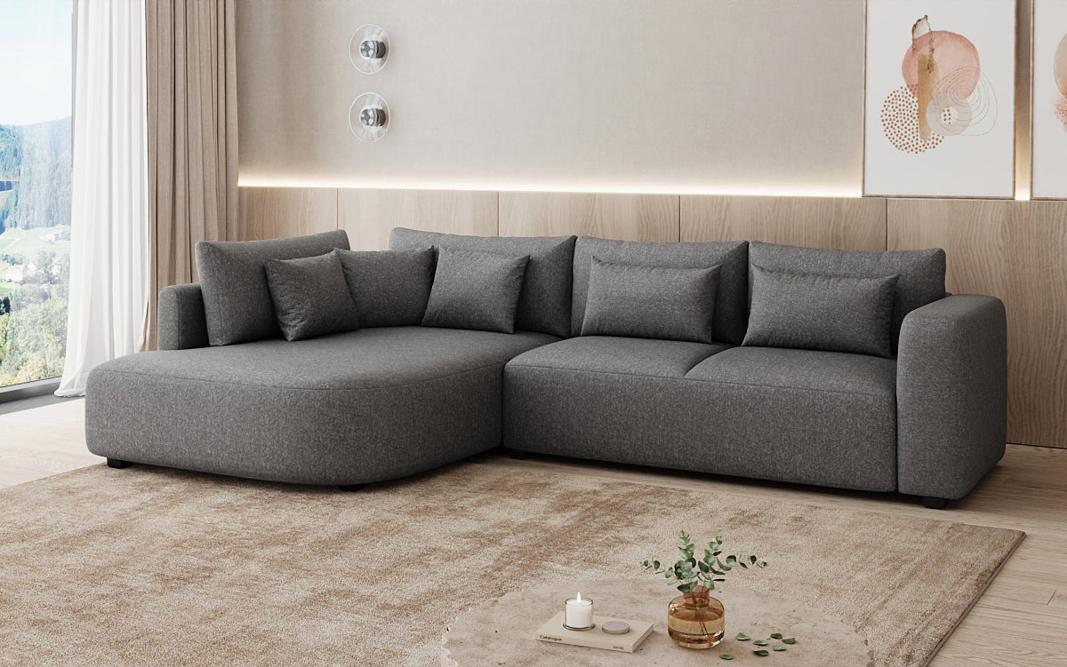 Designer hoekbank Ando met brede ottomane in structuurstof