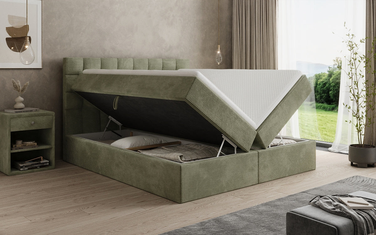 Boxspringbed Como in Ribstof met opbergruimte