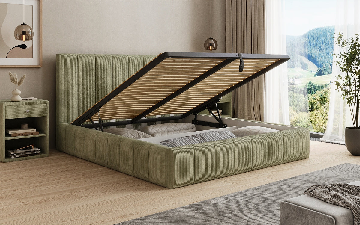 Designer gestoffeerd bed Maja in Ribstof met opbergruimte
