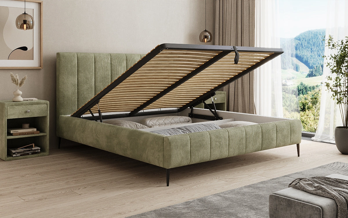 Designer gestoffeerd bed Astrid in Ribstof met opbergruimte