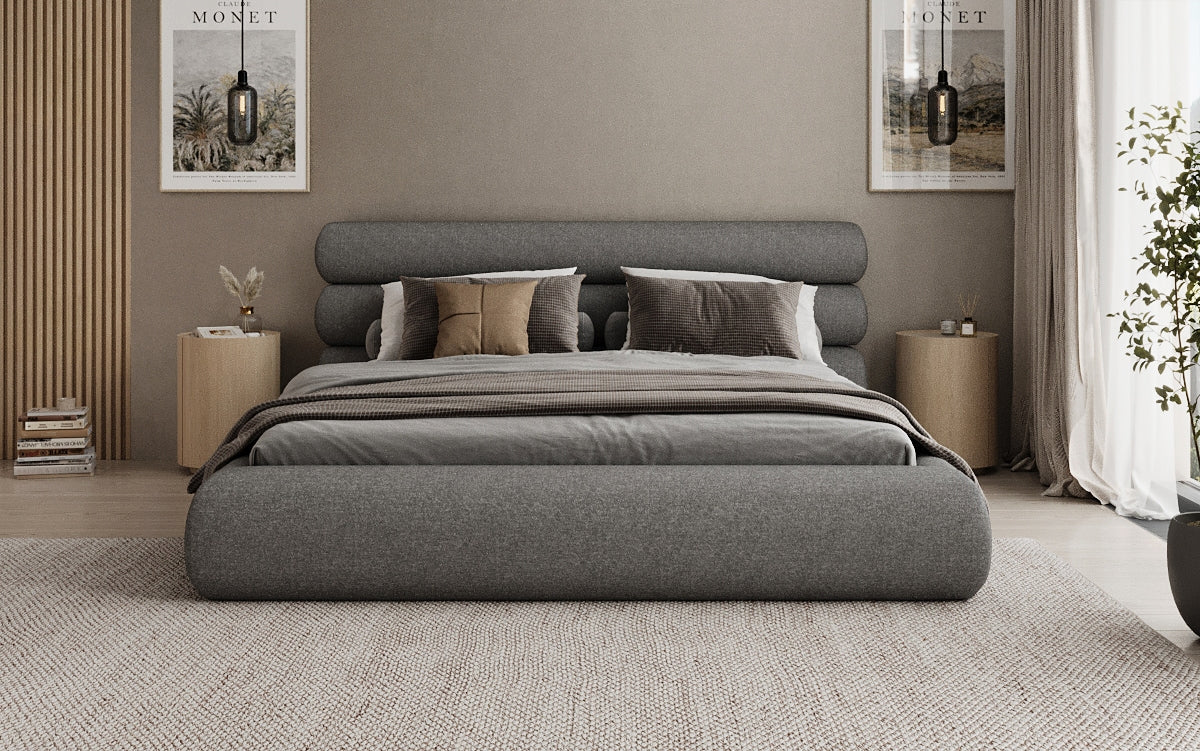 Designer gestoffeerd bed Joline in structuurstof met opbergruimte