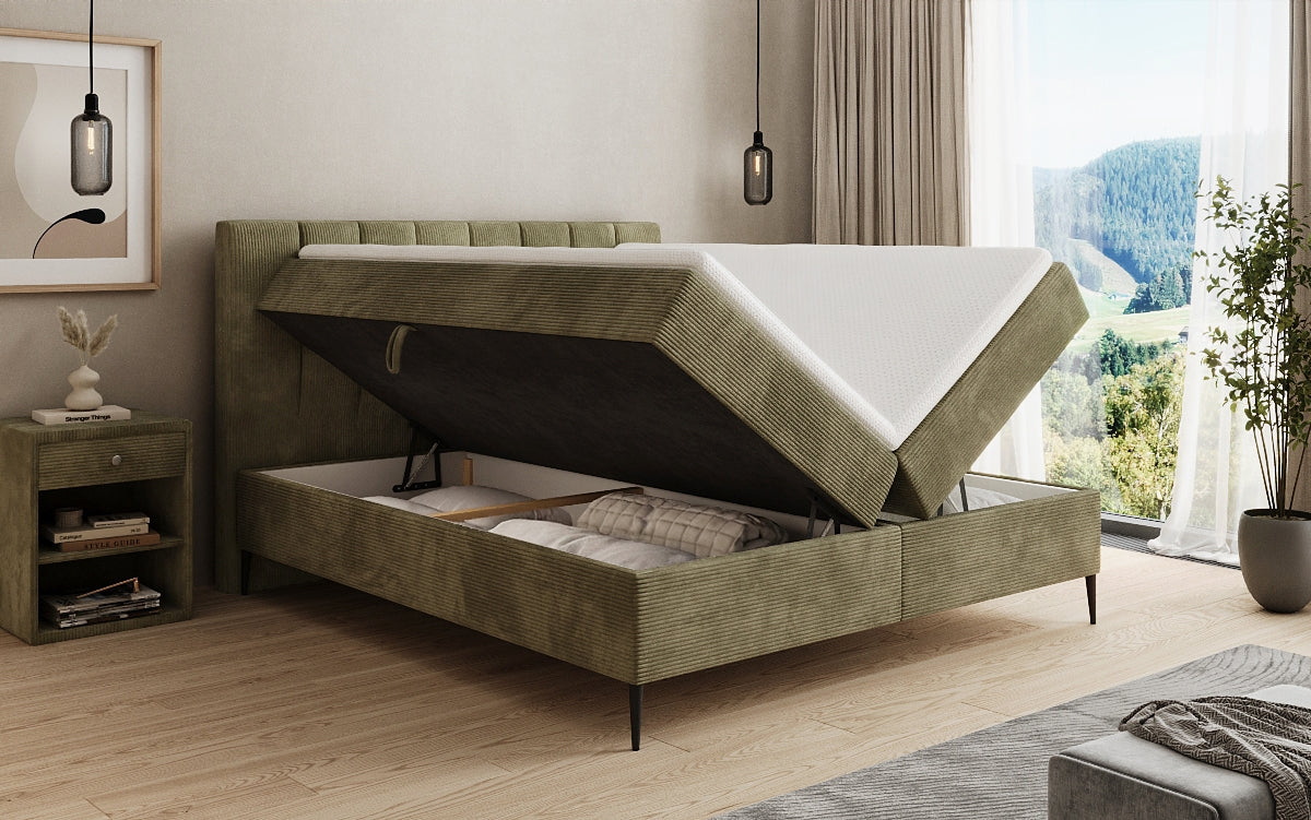 Boxspringbed Lucca in Ribstof met opbergruimte en poten