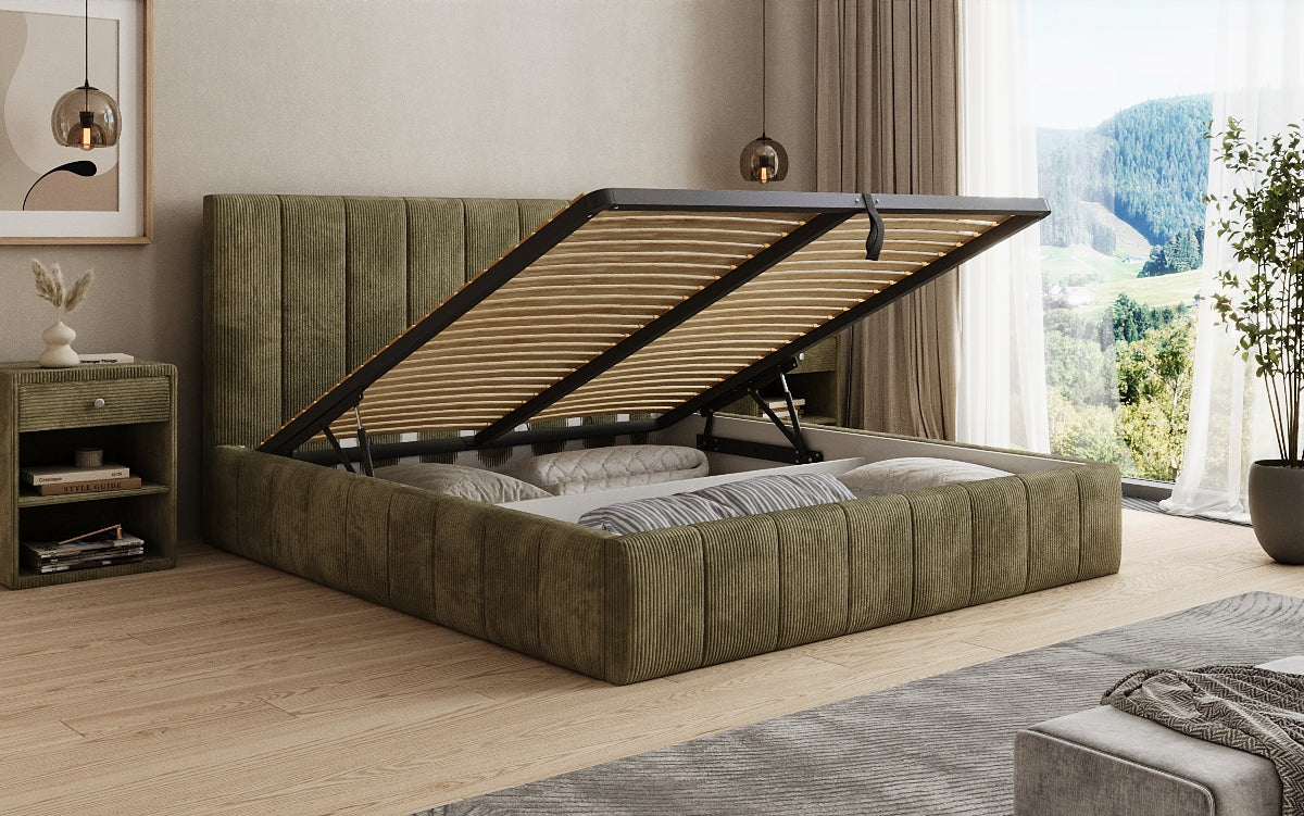 Designer gestoffeerd bed Maja in Ribstof met opbergruimte
