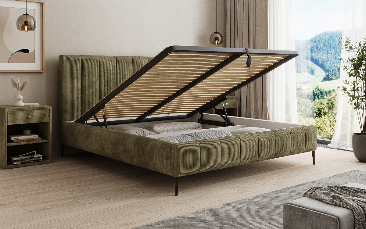 Designer gestoffeerd bed Astrid in Ribstof met opbergruimte