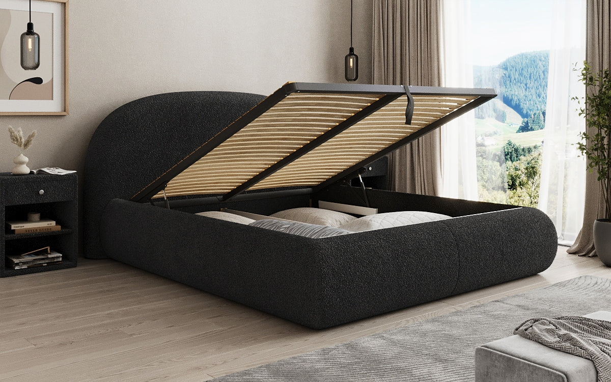 Designer gestoffeerd bed Loop in Teddystof Bouclé met opbergruimte
