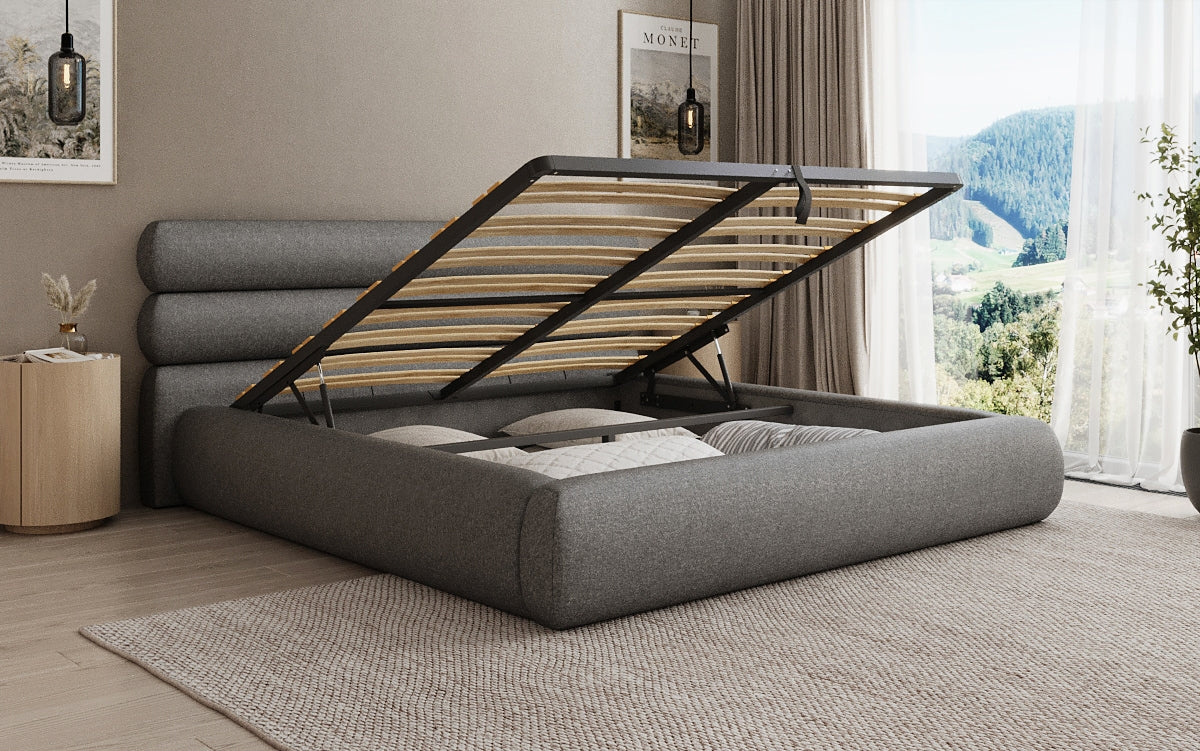 Designer gestoffeerd bed Joline in structuurstof met opbergruimte