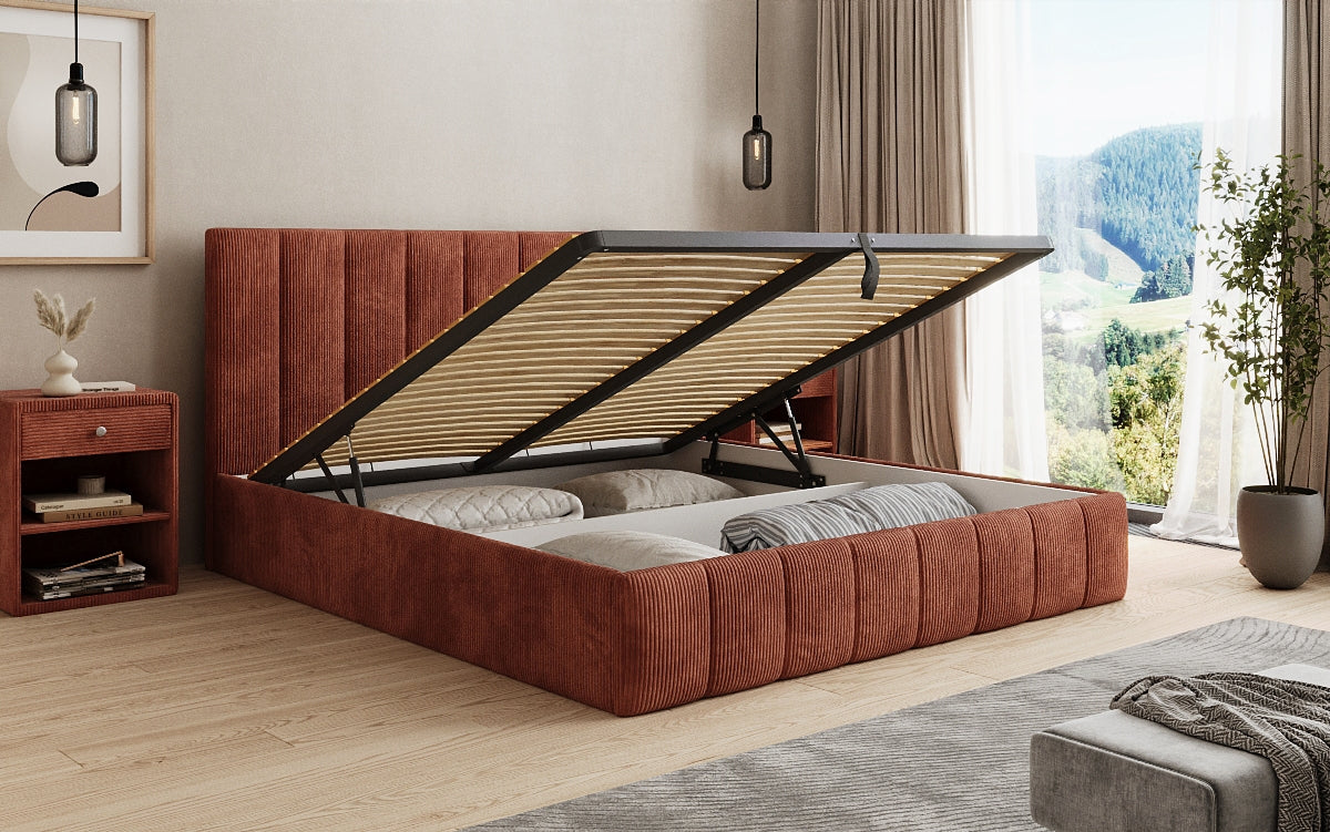 Designer gestoffeerd bed Mila in Ribstof met opbergruimte