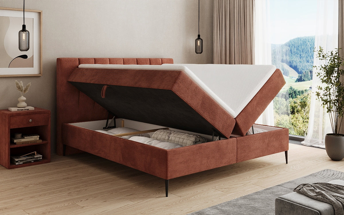 Boxspringbed Lucca in Ribstof met opbergruimte en poten