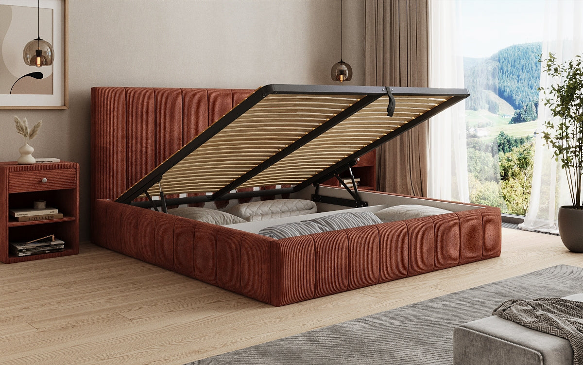 Designer gestoffeerd bed Maja in Ribstof met opbergruimte