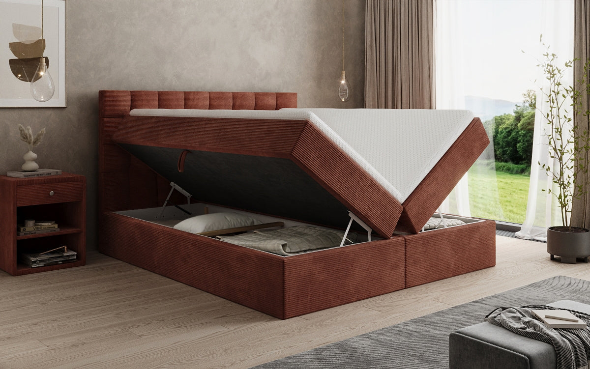 Boxspringbed Como in Ribstof met opbergruimte