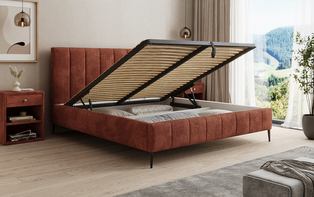 Designer gestoffeerd bed Astrid in Ribstof met opbergruimte