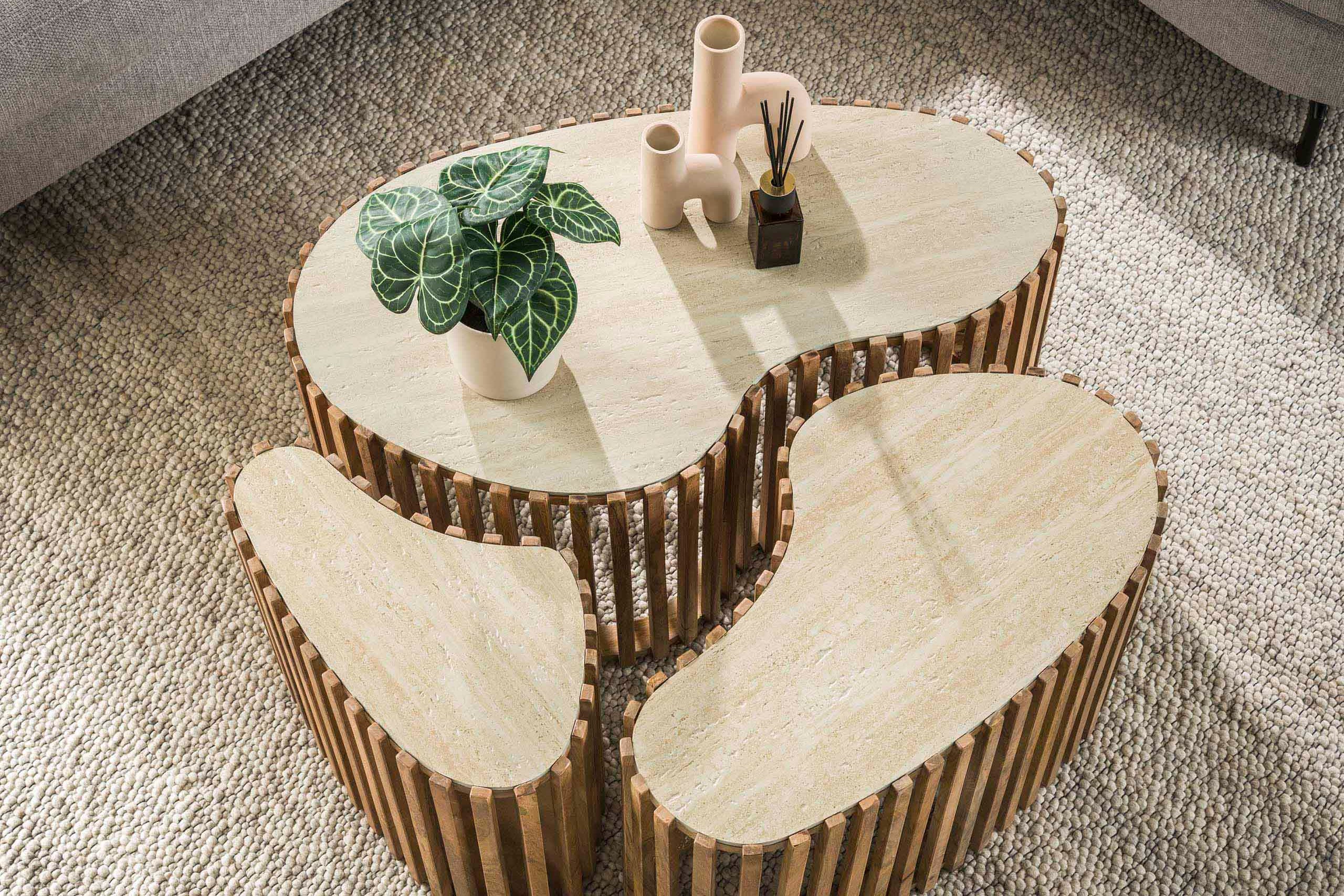 Salontafel Savara - 3-delige set van mangohout met keramisch tafelblad