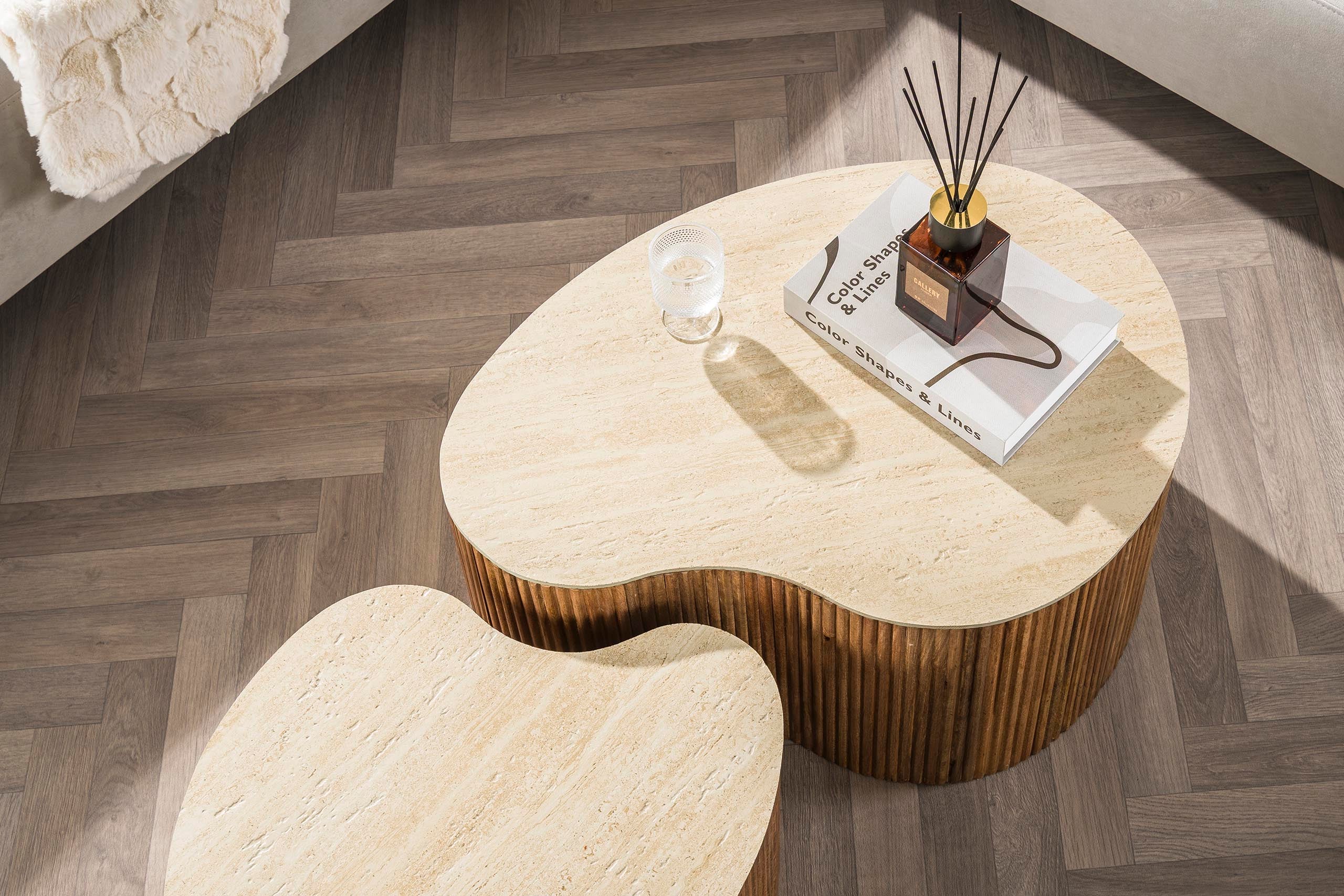 Salontafel Tavara - 2-delige set van zandkleurig mangohout met keramisch tafelblad