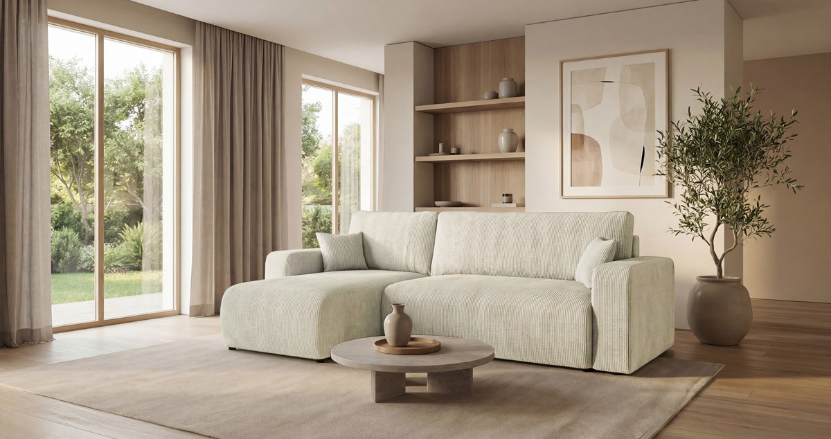 Designsofa Calva met slaap- en uitklapfunctie in Ribstof