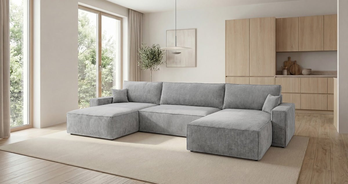 Designbank Vienna U met slaapfunctie en opbergruimte in Ribstof