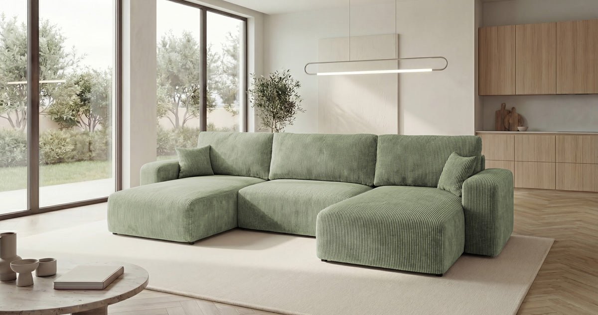 Designbank Noma U met slaapfunctie en opbergruimte in Ribstof