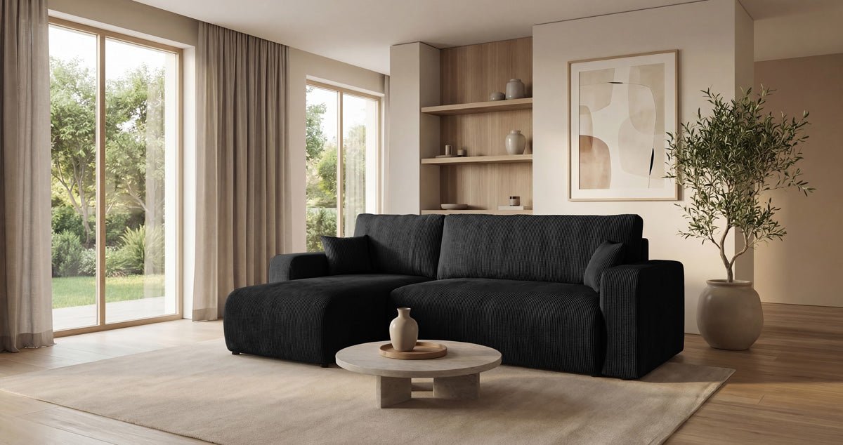 Designsofa Calva met slaap- en uitklapfunctie in Ribstof