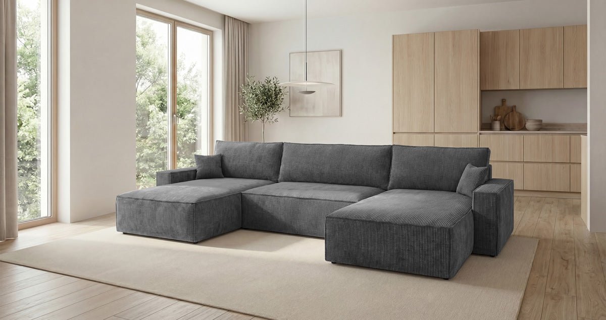 Designbank Vienna U met slaapfunctie en opbergruimte in Ribstof