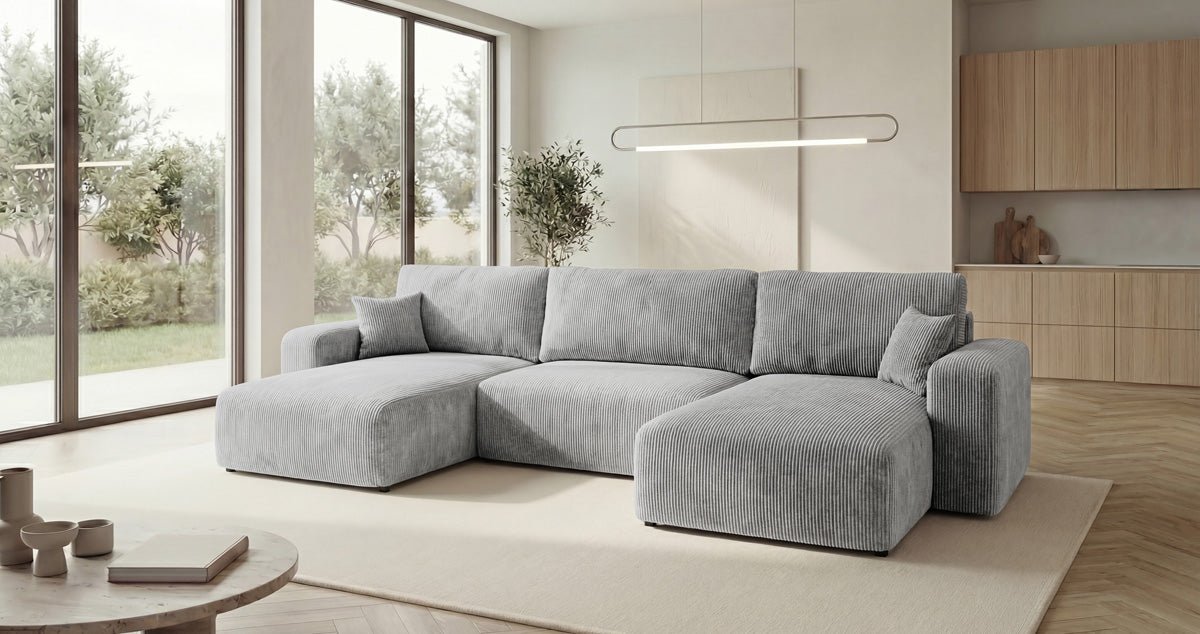 Designbank Noma U met slaapfunctie en opbergruimte in Ribstof