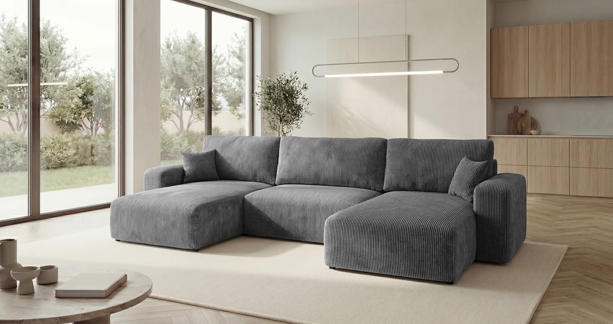 Designbank Noma U met slaapfunctie en opbergruimte in Ribstof