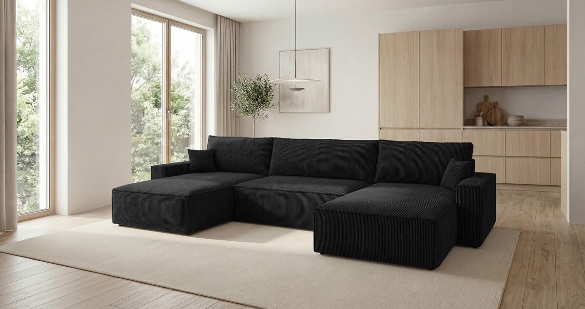Designbank Vienna U met slaapfunctie en opbergruimte in Ribstof