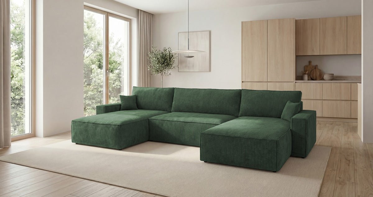 Designbank Vienna U met slaapfunctie en opbergruimte in Ribstof
