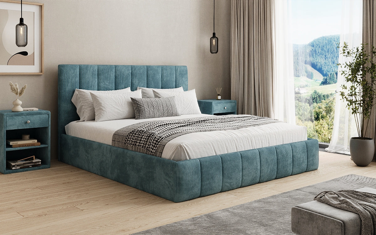 Designer gestoffeerd bed Mila in Ribstof met opbergruimte