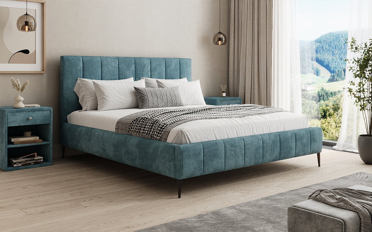 Designer gestoffeerd bed Astrid in Ribstof met opbergruimte