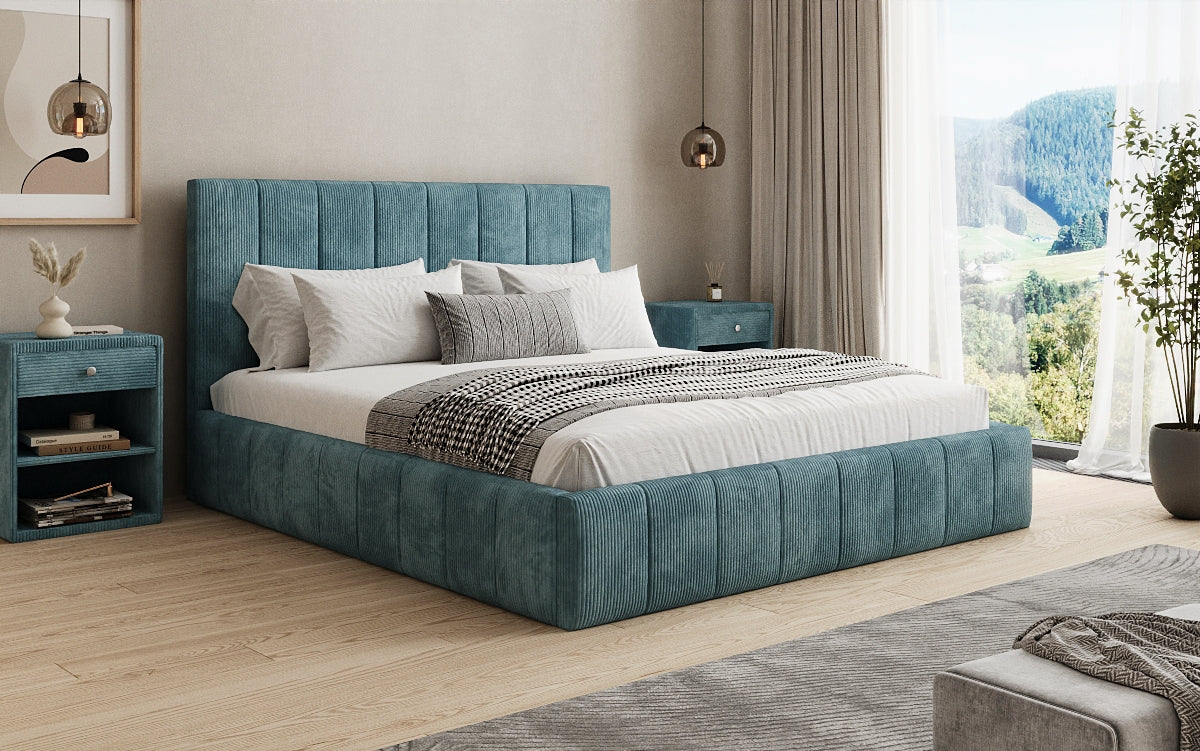 Designer gestoffeerd bed Maja in Ribstof met opbergruimte