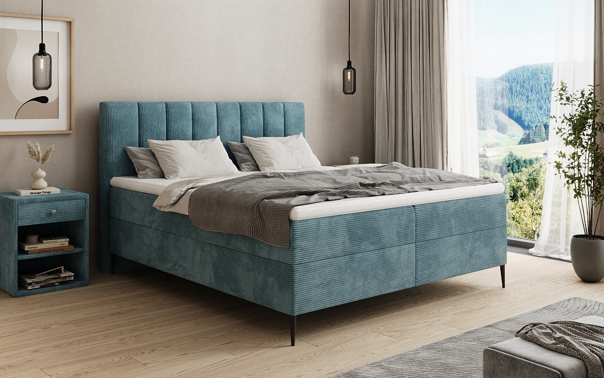 Boxspringbed Lucca in Ribstof met opbergruimte en poten