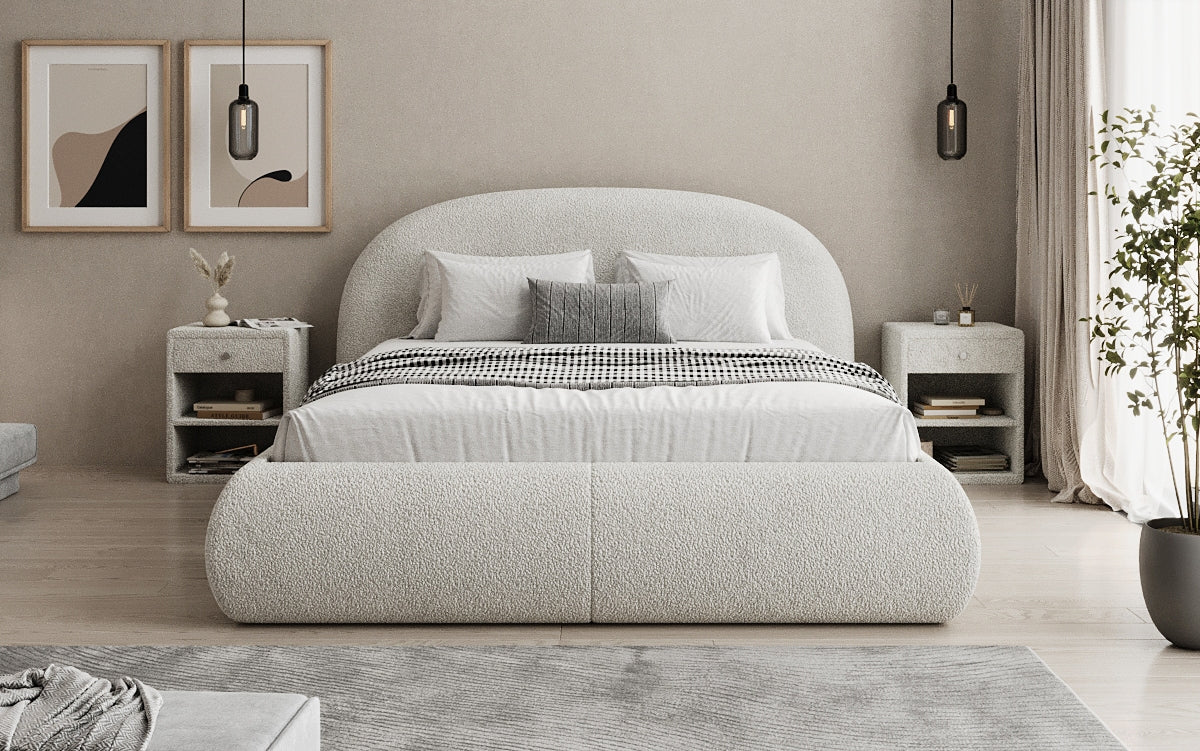 Designer gestoffeerd bed Loop in Teddystof Bouclé met opbergruimte