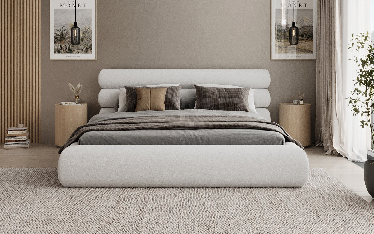Designer gestoffeerd bed Joline in structuurstof met opbergruimte
