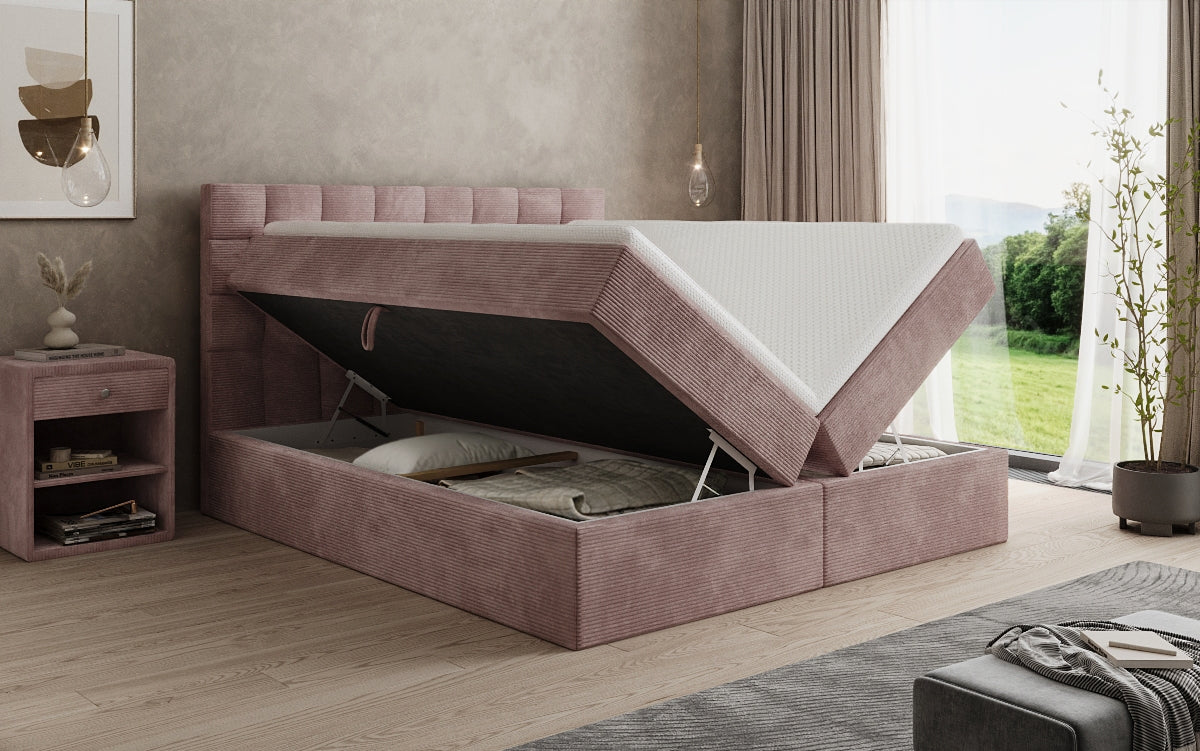 Boxspringbed Como in Ribstof met opbergruimte