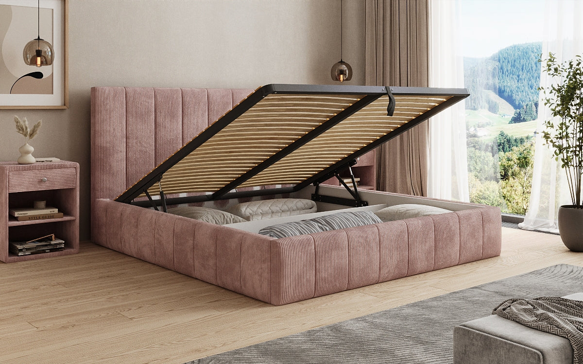 Designer gestoffeerd bed Maja in Ribstof met opbergruimte