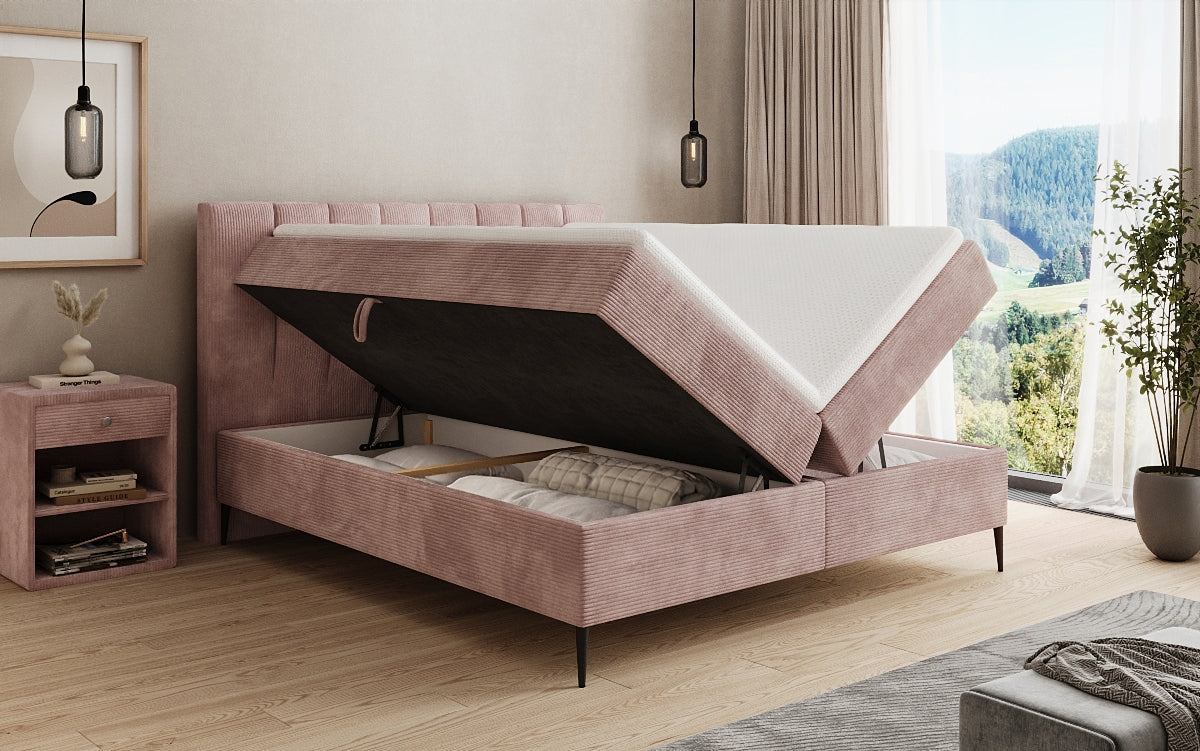 Boxspringbed Lucca in Ribstof met opbergruimte en poten