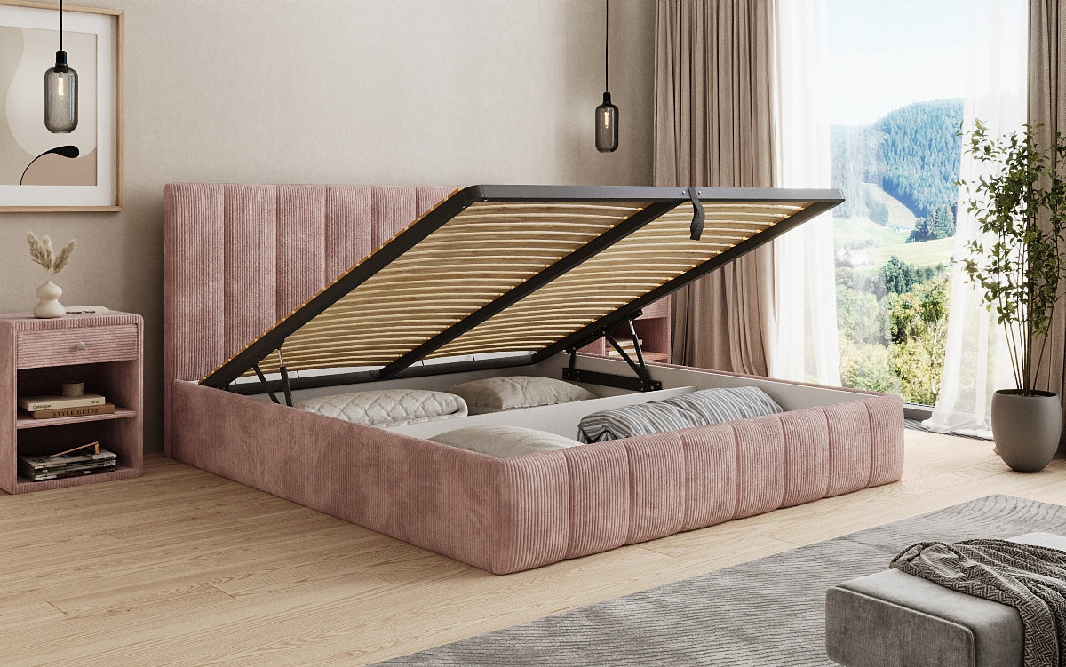 Designer gestoffeerd bed Mila in Ribstof met opbergruimte