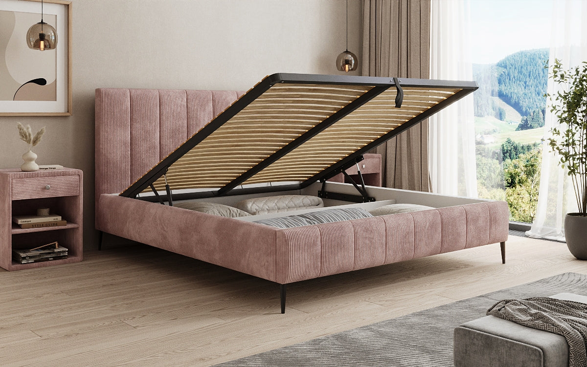 Designer gestoffeerd bed Astrid in Ribstof met opbergruimte