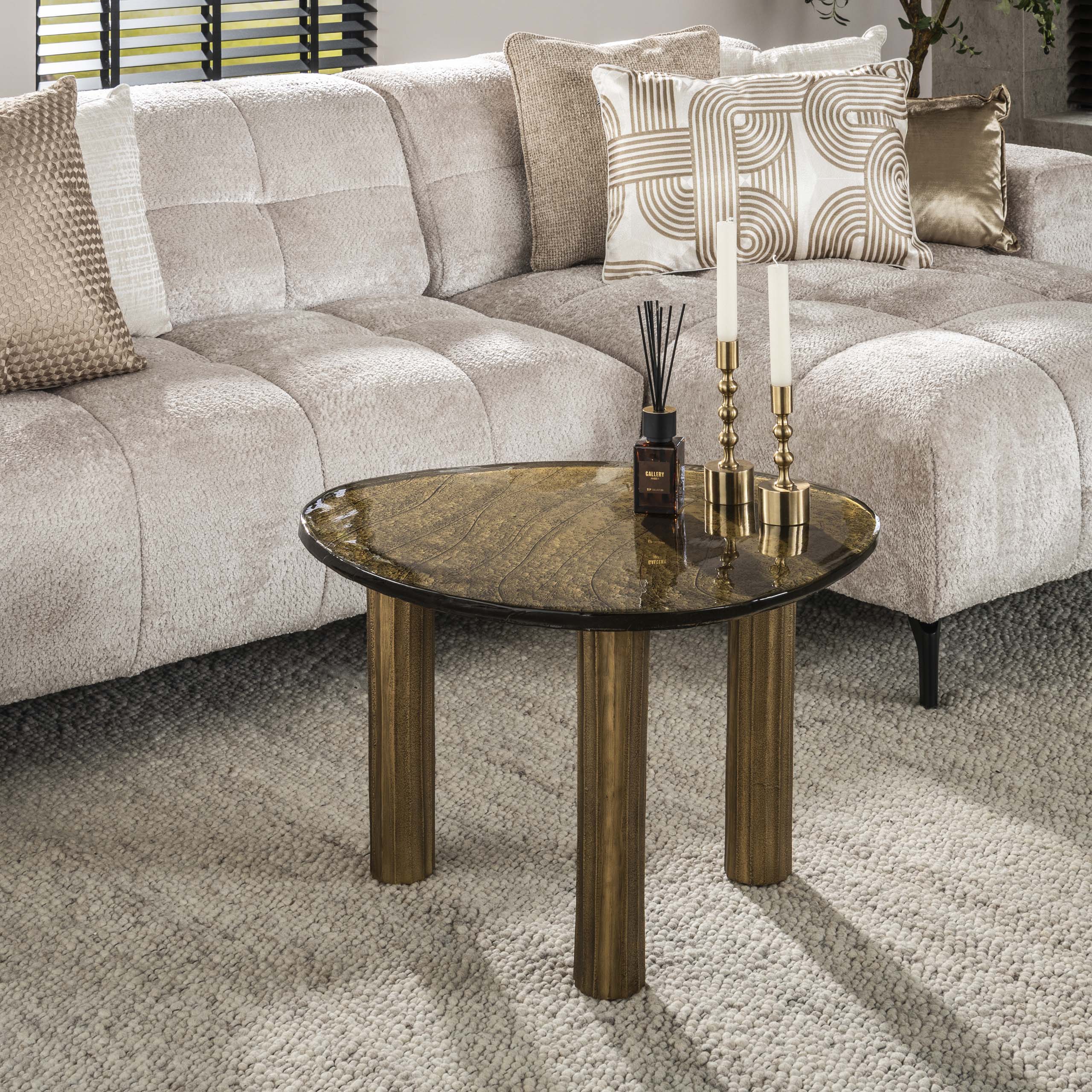 Salontafel Elysium - maat L in antiek koper of antiek goud met gegoten glas