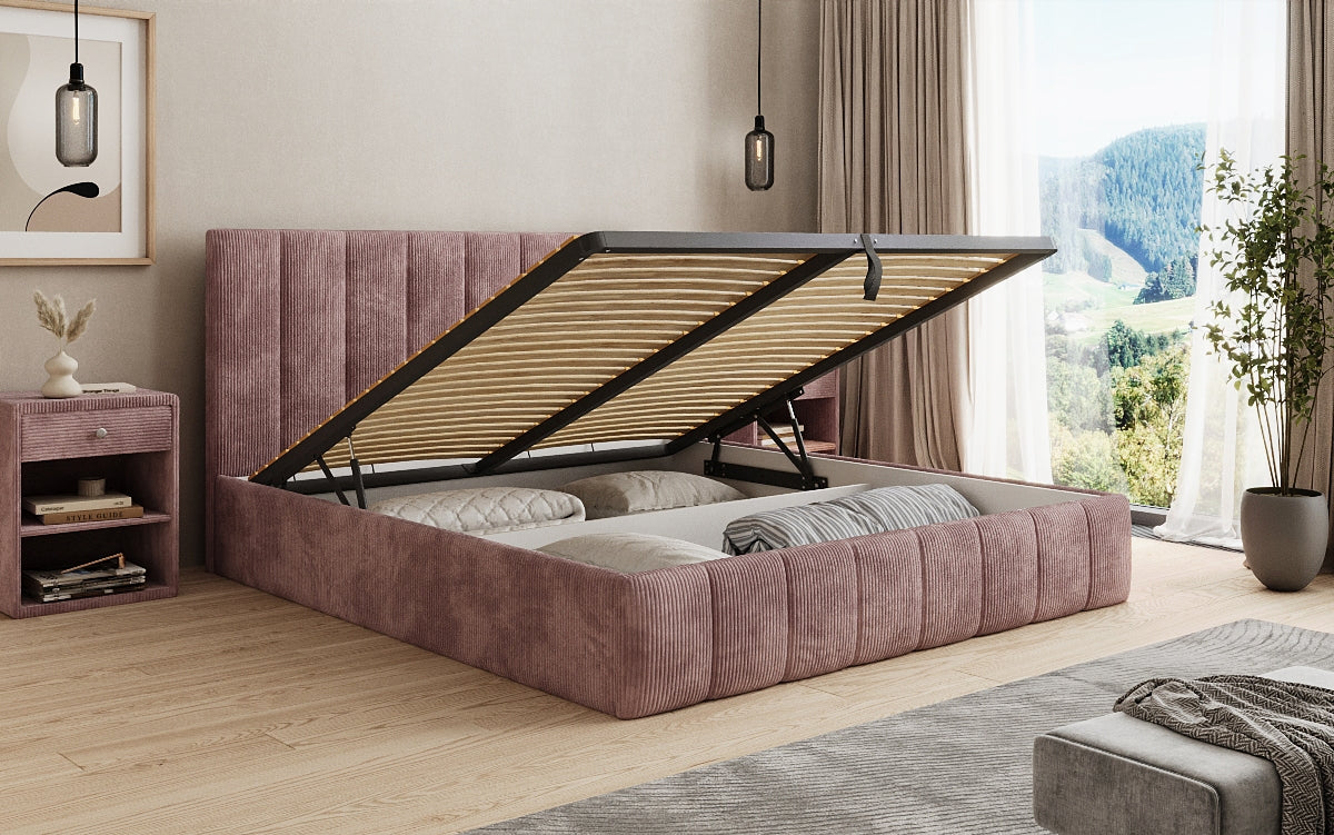 Designer gestoffeerd bed Mila in Ribstof met opbergruimte