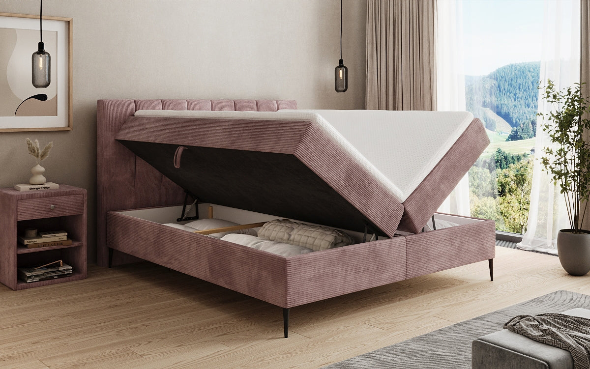 Boxspringbed Lucca in Ribstof met opbergruimte en poten